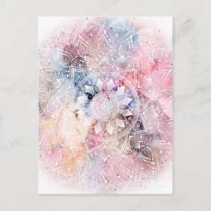 Whimsical white watercolor mandala design postcard