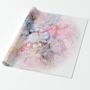 Whimsical white watercolor mandala design wrapping paper