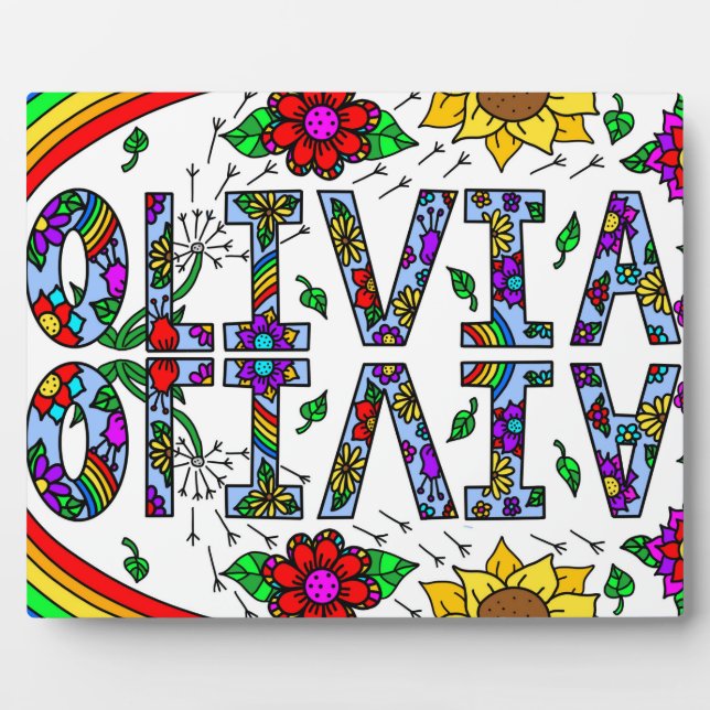 Whimsical Wild Flowers and Girl's Name Olivia Plaque (Front)