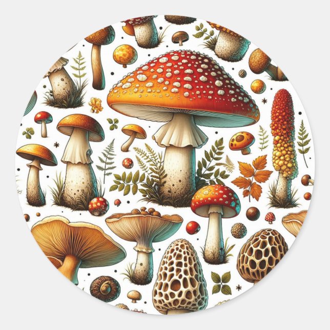 Whimsical Wild Mushrooms  Classic Round Sticker (Front)