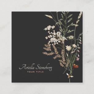 Whimsical Wildflower Blooms   Floral On Black Square Business Card