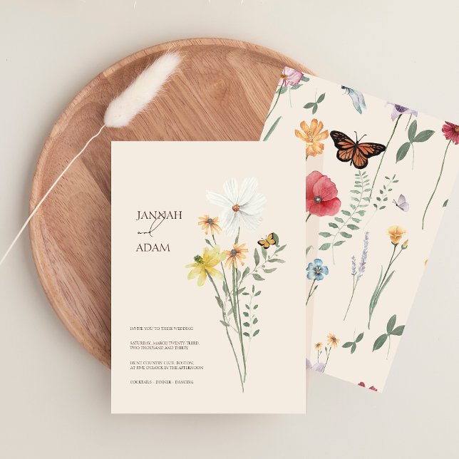Whimsical Wildflower Butterfly Modern Wedding Invitation (Whimsical Daisy Yellow Wildflowers Wedding Invitation)