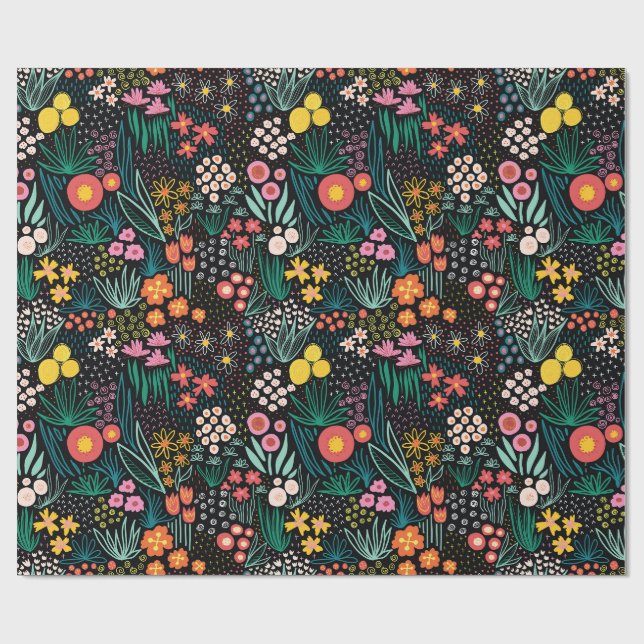 Whimsical Wildflower Dark Garden Folk Print Wrapping Paper (Flat)