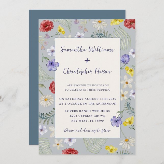 Whimsical Wildflower Dusty Blue Wedding Invitation (Front/Back)