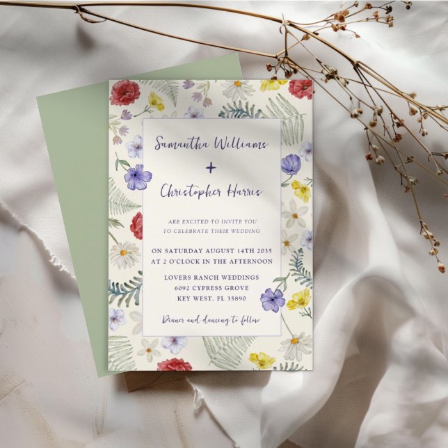 Whimsical Wildflower Ecru & Sage Wedding  Invitation (Creator Uploaded)