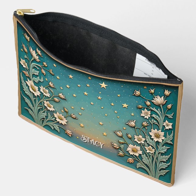 Whimsical Wildflower Evening Teal Prism Large Accessory Pouch (Open)