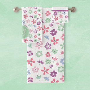 Whimsical Wildflower Floral Monogram Bath Towel Set