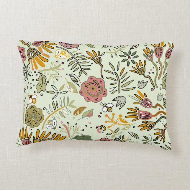 Whimsical Wildflower Garden & Bumblebee Pattern Accent Pillow (Back)
