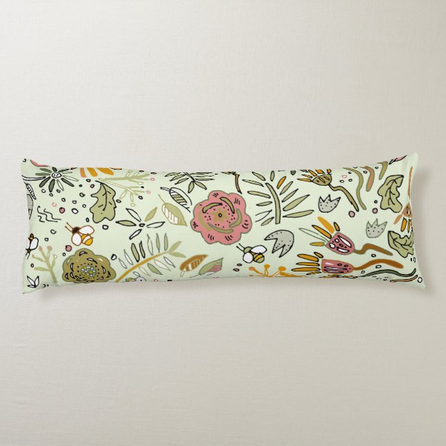 Whimsical Wildflower Garden & Bumblebee Pattern Body Pillow (Back)