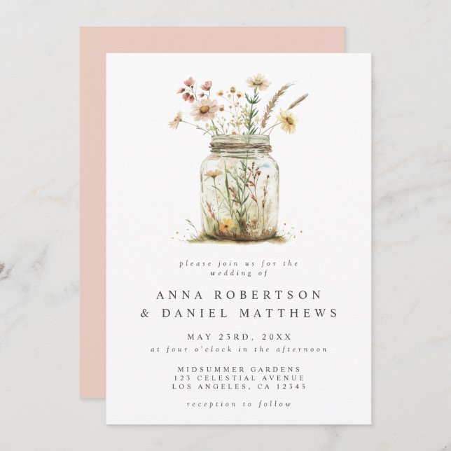 Whimsical Wildflower Mason Jar Wedding Invitation (Front/Back)
