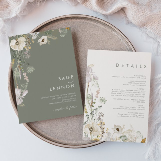 Whimsical Wildflower Meadow Sage Green All In One  Invitation (Creator Uploaded)