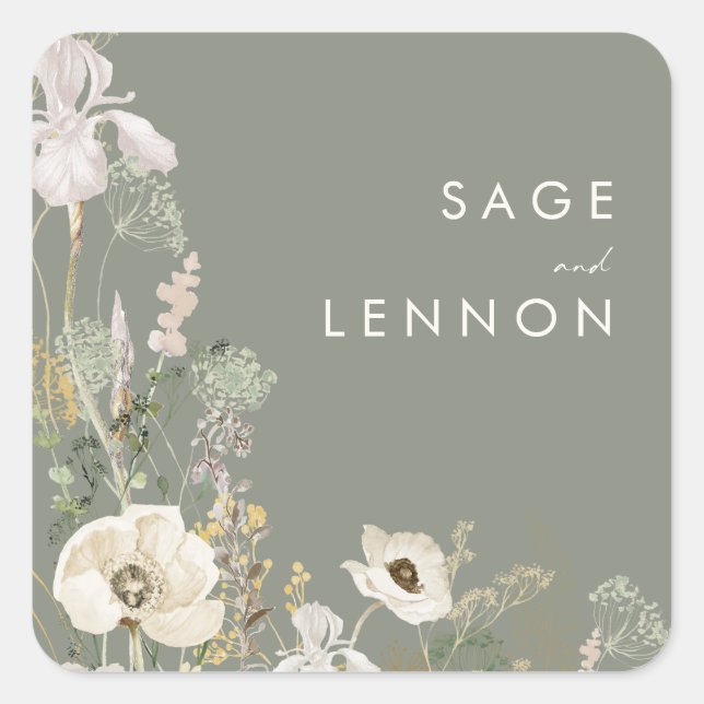Whimsical Wildflower Meadow Sage Green Envelope Square Sticker (Front)