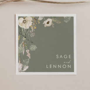 Whimsical Wildflower Meadow   Sage Green Wedding Napkin