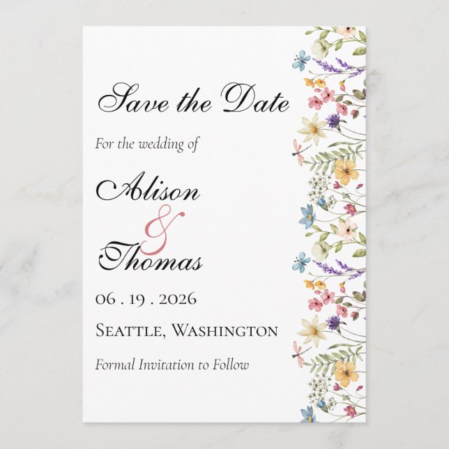 Whimsical Wildflower Meadow Wedding Save The Date (Front)