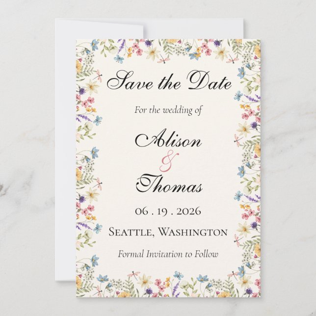 Whimsical Wildflower Meadow Wedding Save The Date (Front)