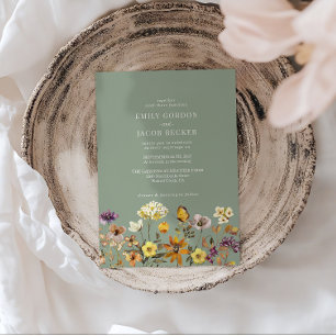 Whimsical Wildflower Sage Green Boho Wedding Invitation