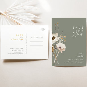 Whimsical Wildflower Sage Green Save The Date Invitation Postcard