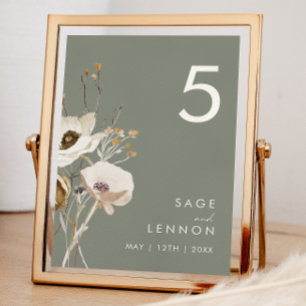 Whimsical Wildflower Sage Green Table Number