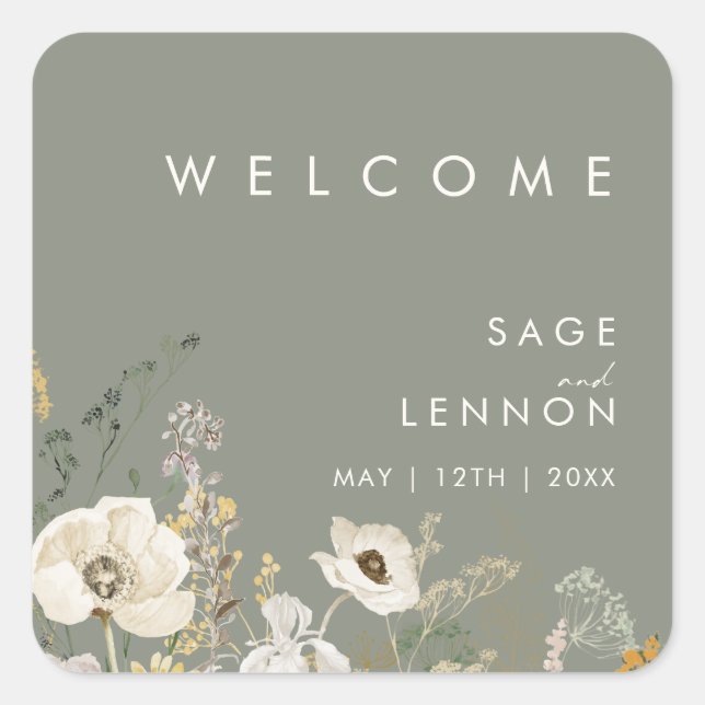 Whimsical Wildflower Sage Wedding Welcome Sticker (Front)