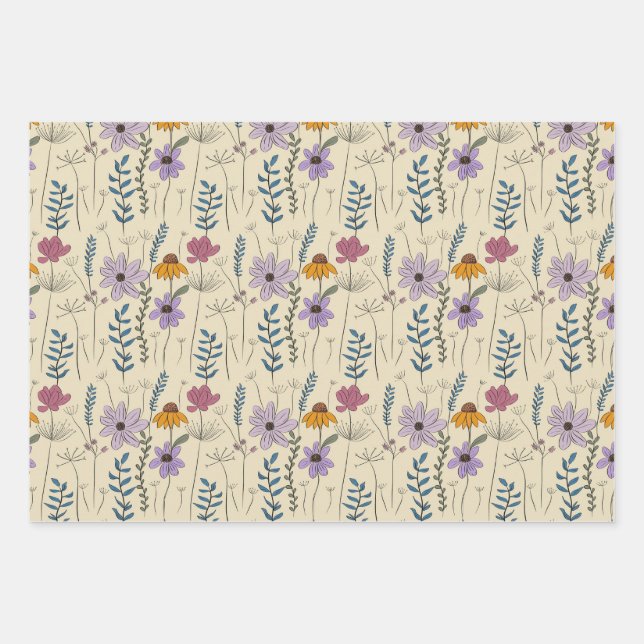 Whimsical Wildflower Seamless Pattern Wrapping Paper Sheet (Front)