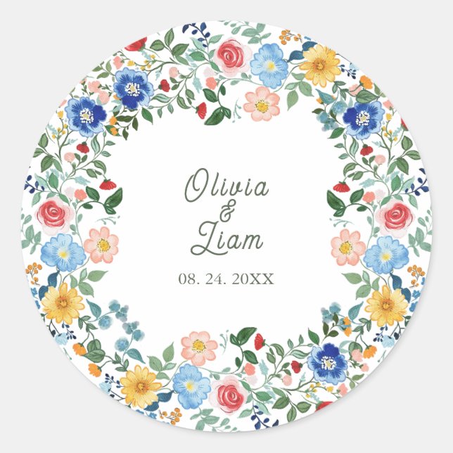 Whimsical Wildflowers Floral Garden Wedding Classic Round Sticker (Front)