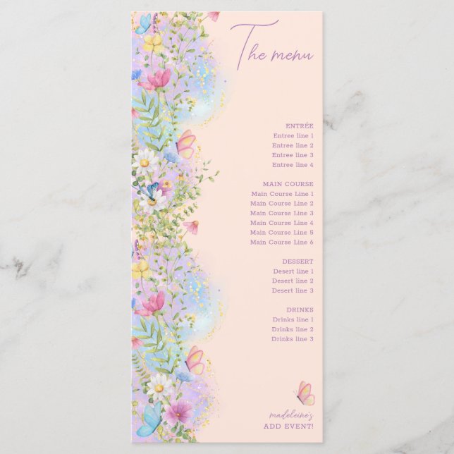 Whimsical Wildflowers Floral Garden Wedding Shower Menu (Front)