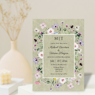 whimsical wildflowers garden green kraft  wedding invitation