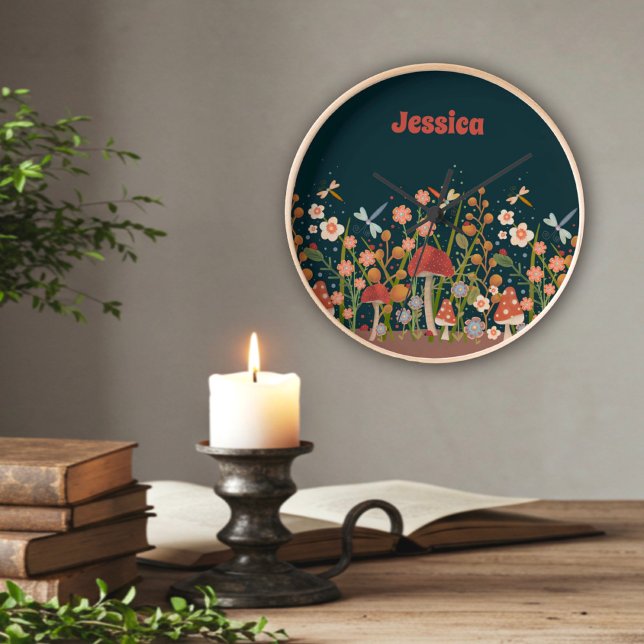Whimsical Wildflowers Mushrooms Personalized  Square Wall Clock (Creator Uploaded)