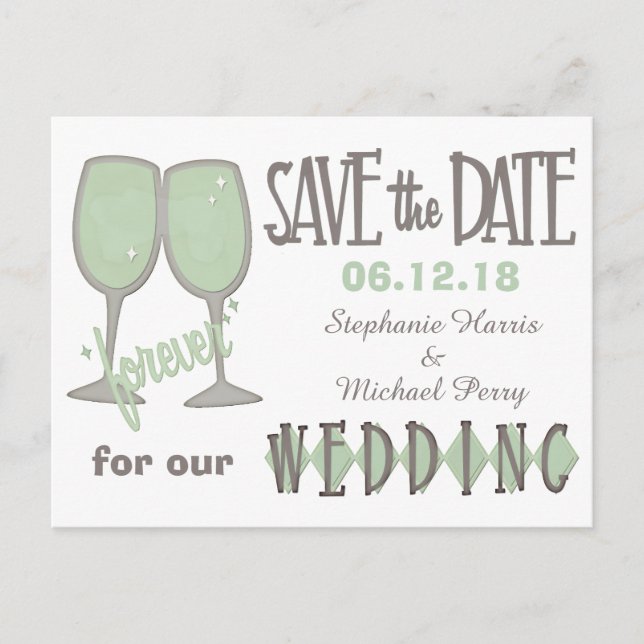 Whimsical Wine Glasses Save the Date Wedding Announcement Postcard (Front)