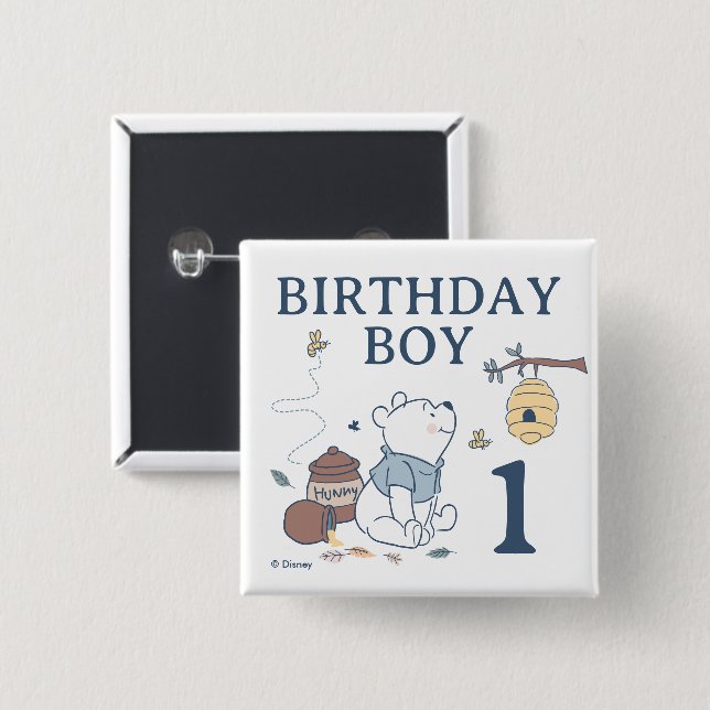 Whimsical Winnie the Pooh | Birthday Boy 2 Inch Square Button (Front & Back)