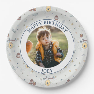 Whimsical Winnie The Pooh Pattern Birthday Photo Paper Plate
