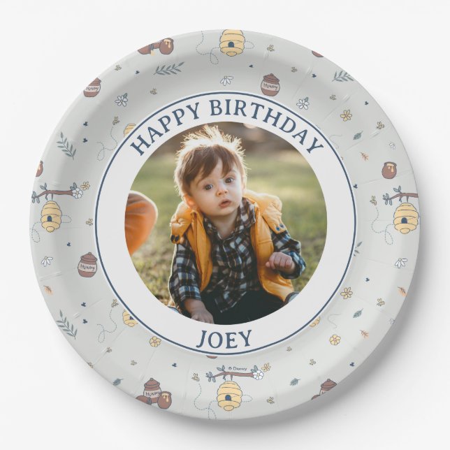 Whimsical Winnie The Pooh Pattern Birthday Photo Paper Plate (Front)