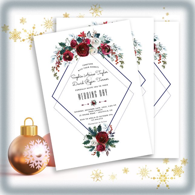 Whimsical Winter Burgundy Floral Pine Wedding Invitation (Creator Uploaded)