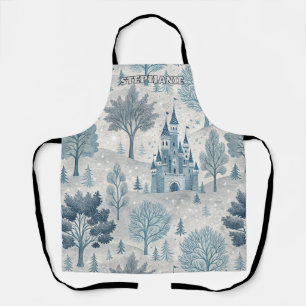 Whimsical Winter Castle Landscape in Blue & Grey Apron