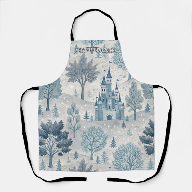 Whimsical Winter Castle Landscape in Blue & Grey Apron (Front)