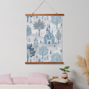 Whimsical Winter Castle Landscape in Blue & Grey Hanging Tapestry