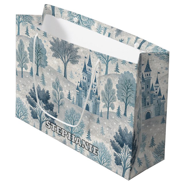 Whimsical Winter Castle Landscape in Blue & Grey Large Gift Bag (Front Angled)