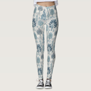 Whimsical Winter Castle Landscape in Blue & Grey Leggings