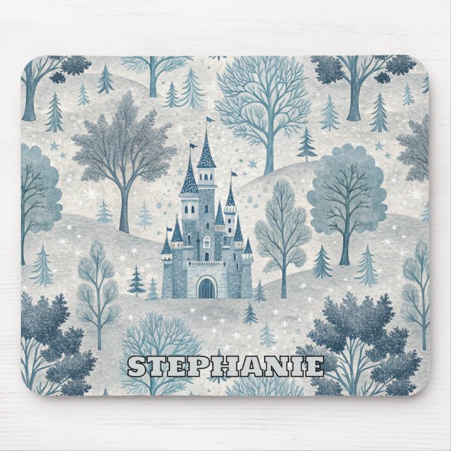Whimsical Winter Castle Landscape in Blue & Grey Mouse Pad (Front)