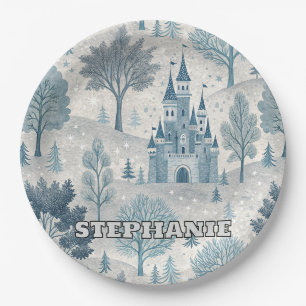 Whimsical Winter Castle Landscape in Blue & Grey Paper Plate