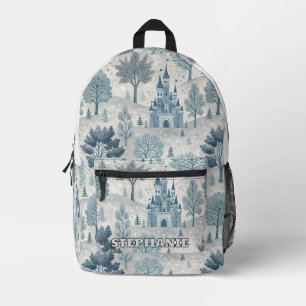 Whimsical Winter Castle Landscape in Blue & Grey Printed Backpack