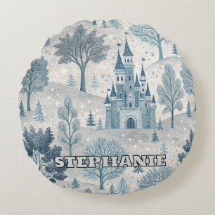 Whimsical Winter Castle Landscape in Blue & Grey Round Pillow
