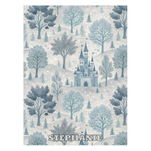Whimsical Winter Castle Landscape in Blue & Grey Tablecloth