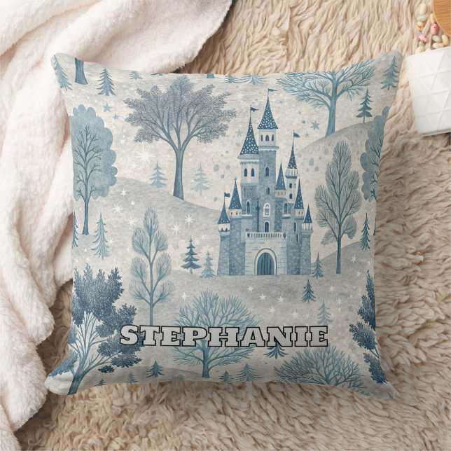 Whimsical Winter Castle Landscape in Blue & Grey Throw Pillow (Blanket)