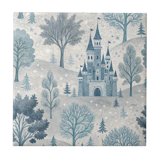 Whimsical Winter Castle Landscape in Blue & Grey Tile (Front)