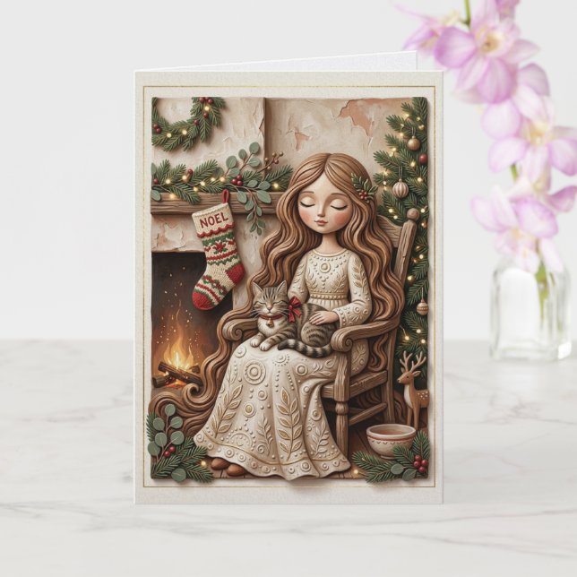 Whimsical Winter Cat Maiden Fantasy Art Card (Orchid)