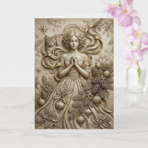 Whimsical Winter Cat Maiden Fantasy Art Card