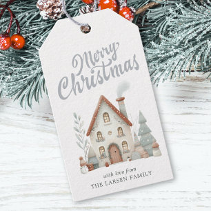 Whimsical Winter Christmas House Watercolor Gift Tags