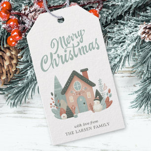 Whimsical Winter Christmas House Watercolor Gift Tags