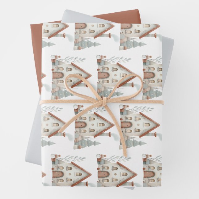 Whimsical Winter Christmas House Watercolor Wrapping Paper Sheet (In situ)